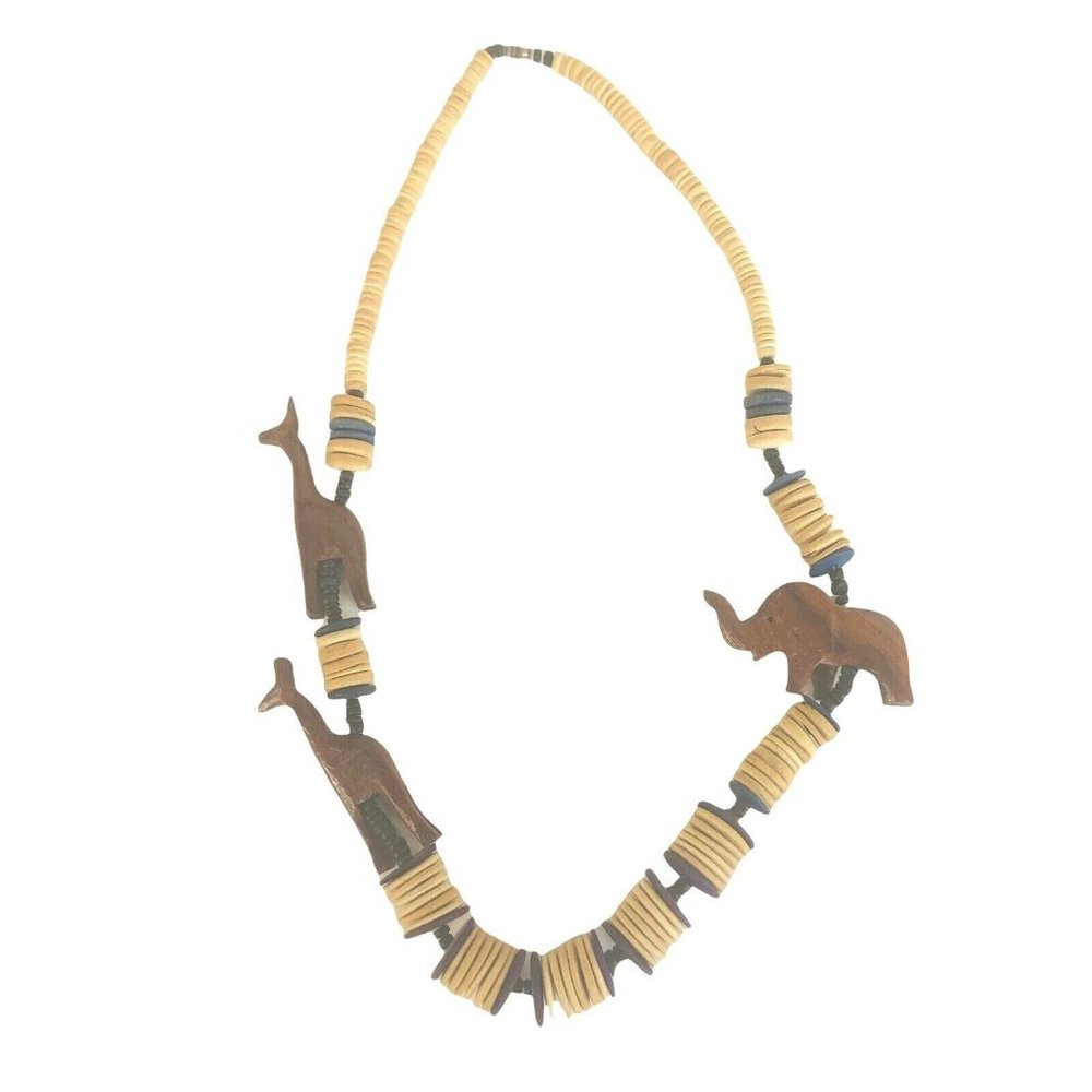 Wood Carved Animal Necklace Giraffe Elephant Brown Blue Purple Barrel Clasp 27”